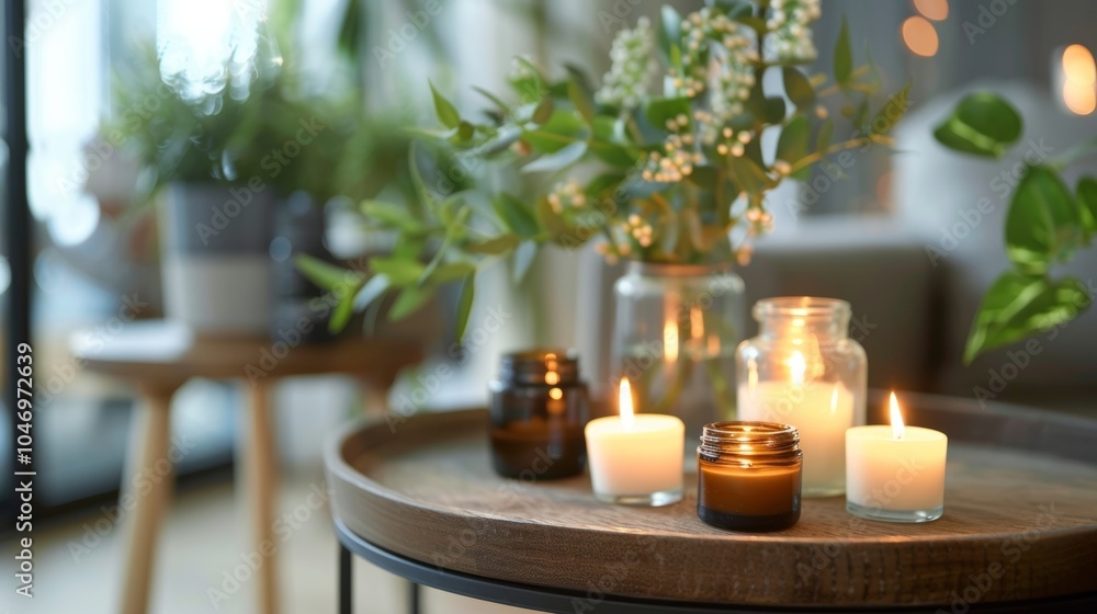 Poster a small table with a selection of essential oils and candles allowing guests to create their own per