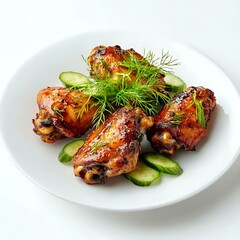 Glazed chicken wings with cucumber and dill garnish.