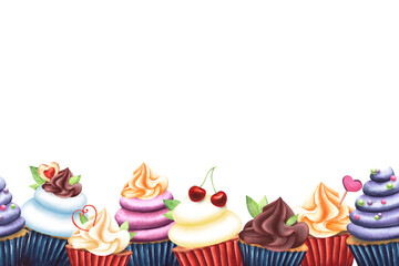 Cakes, cupcakes with meringue, marshmallow. Seamless pattern, border, banner. Watercolor illustration hand-drawn on a white background. For design, decor, postcards, printing