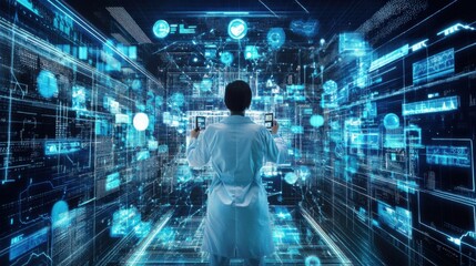 Doctor surrounded by digital tech icons representing healthcare innovation, with global connections highlighted, ideal for a futuristic stock photo