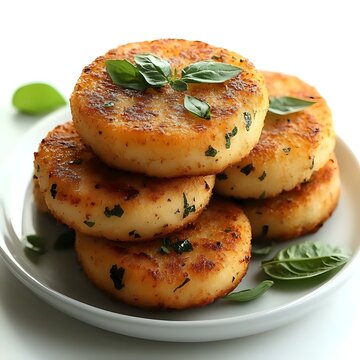 Fried potato cakes with basil  garnish on plate.