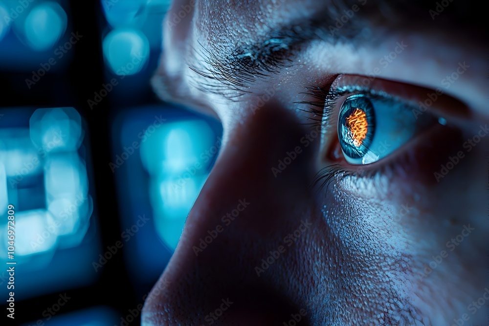 Aufkleber a hacker s intense focus and determination revealed in dramatic close up of face partially lit by mu