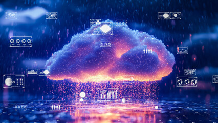 A digital cloud surrounded by real-time analytics and data projections