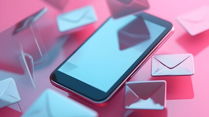 Smartphone surrounded by digital envelopes on a pink background.