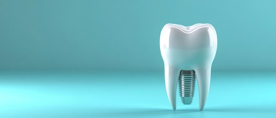 A dental implant is positioned prominently on a smooth surface, showcasing its design and structure against a calming turquoise backdrop