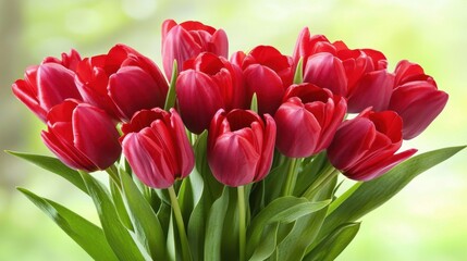 Fototapeta premium A stunning bouquet of red tulips, set against a softly blurred green nature background, offering copy space for Easter or Mother Day design elements