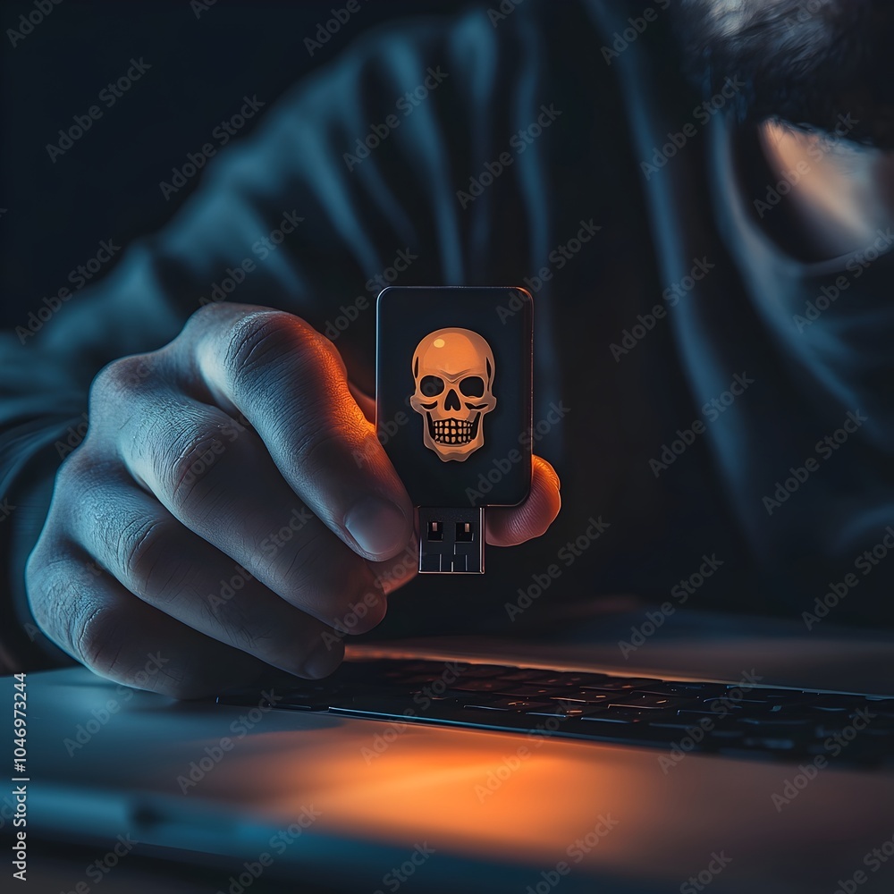Poster hacker holding usb with skull symbol about to infiltrate computer and cause data breach