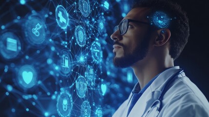 Doctor with tech icons surrounding them, representing global healthcare connectivity, with a blue digital background, perfect for a tech-focused stock image