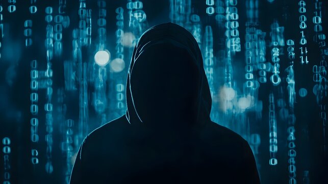 Hooded Hacker s Silhouette Against Backdrop of Binary Code and Digital Noise