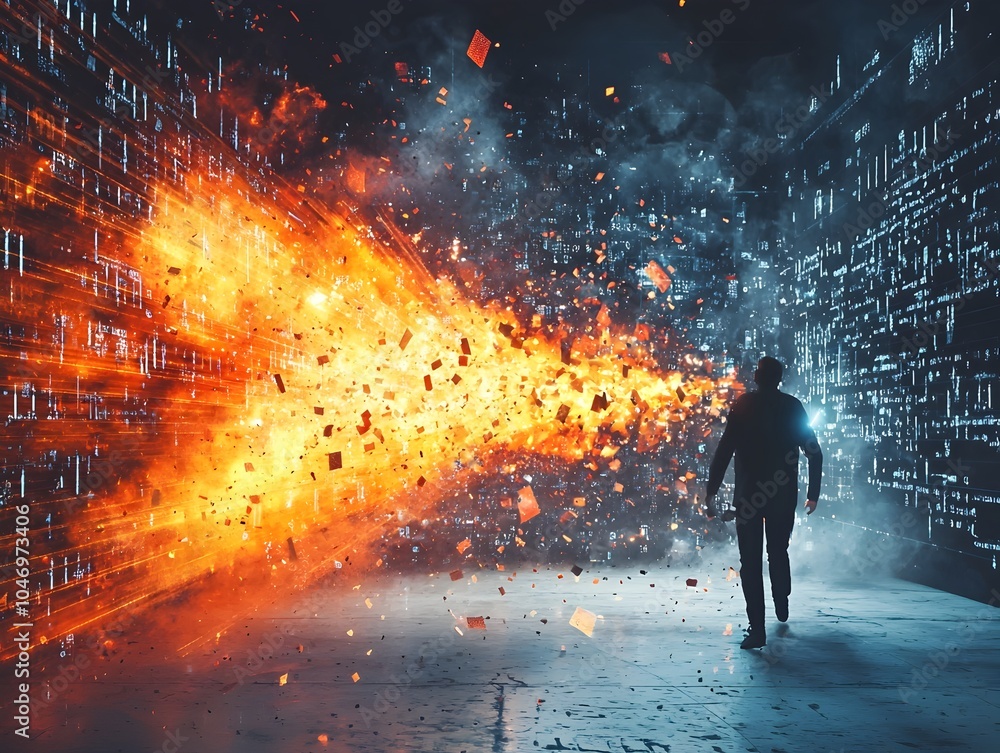 Aufkleber powerful hacker breakthrough through firewall explosion of digital data and numbers