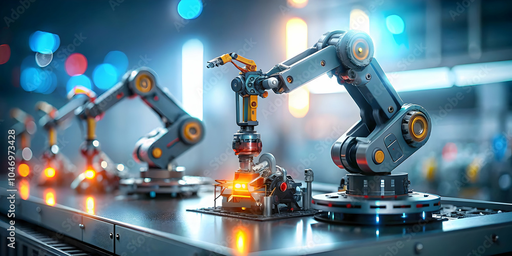 Poster soft abstract illustration robotic arms assembling product bokeh digital elements advanced manufactu