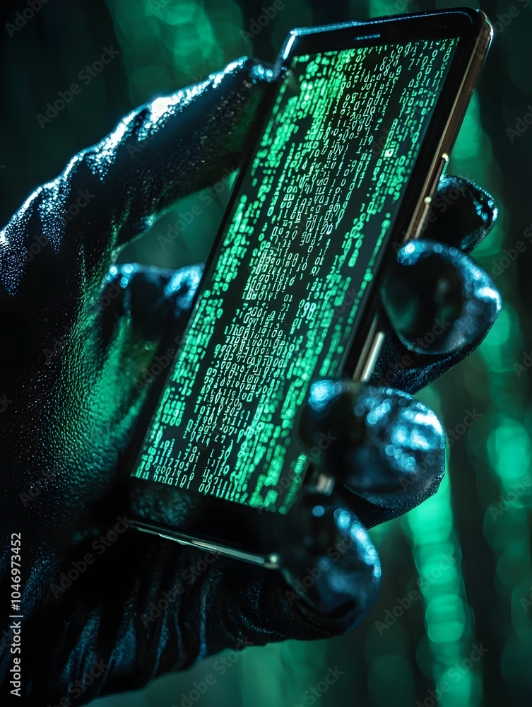 Aufkleber hacker s gloved hand holding smartphone with reflected code symbolizing modern cyber threats