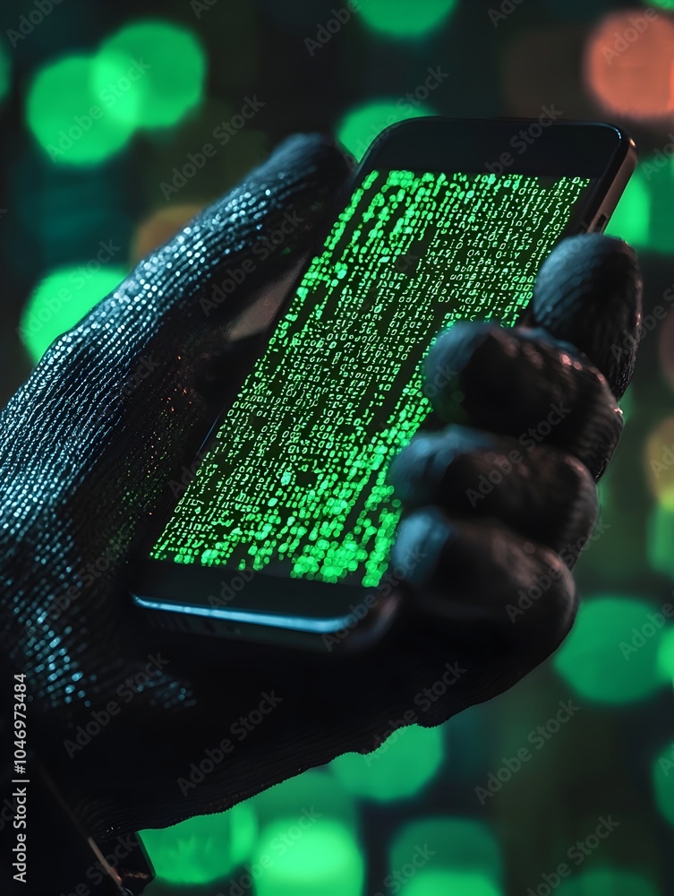 Poster gloved hacker hand holding smartphone with reflected code symbolizing modern cybersecurity concepts