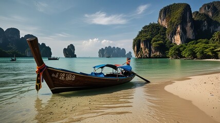 Obraz premium Traditional longtail boat on a pristine white sand beach in Thailand with turquoise water and dramatic limestone cliffs in the background.