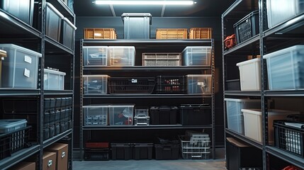 An organized cellar room with stacked standardized plastic boxes. The boxes are neatly and securely stored on dark grey shelves.
