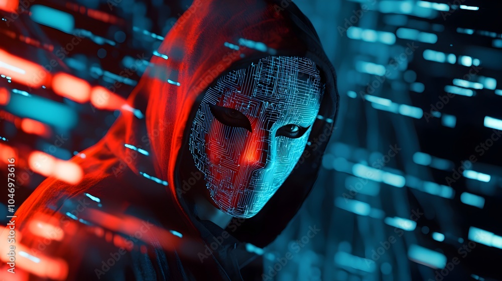 Poster masked hacker surrounded by glowing digital data streams and anonymity in the cyber underworld
