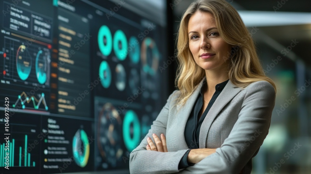 Aufkleber confident businesswoman standing in front of a large screen displaying data charts and graphs.