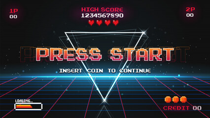 Set of arcade.pixel art .8 bit game.retro game. for game assets in vector illustrations.Retro Futurism Sci-Fi Background. glowing neon grid.and stars from vintage arcade comp