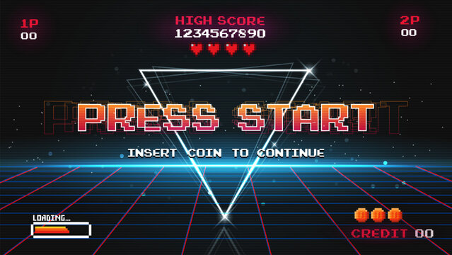 Set of arcade.pixel art .8 bit game.retro game. for game assets in vector illustrations.Retro Futurism Sci-Fi Background. glowing neon grid.and stars from vintage arcade comp