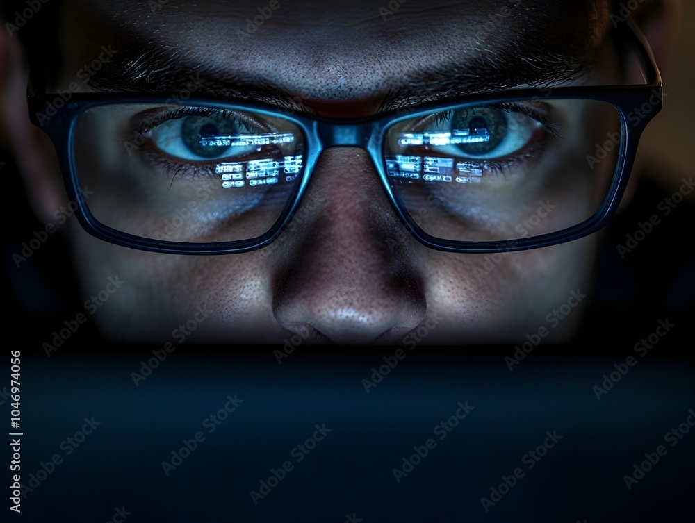 Poster stealthy hacker reflected in dark laptop screen symbolizing digital espionage and cybersecurity