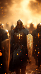 Fototapeta premium A disciplined line of Teutonic knights in battle formation, ready to engage the enemy.