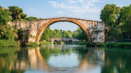 Naklejka premium An ancient Roman stone bridge arches gracefully over a river, surrounded by lush green trees, reflecting in the calm waters below.