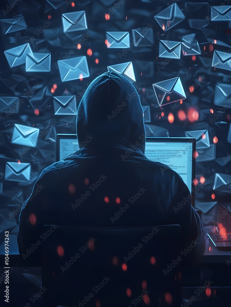 Poster hacker launching phishing attack with deceptive email inbox symbolizing tactics to steal from unsusp