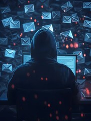 Hacker Launching Phishing Attack with Deceptive Email Inbox Symbolizing Tactics to Steal from...