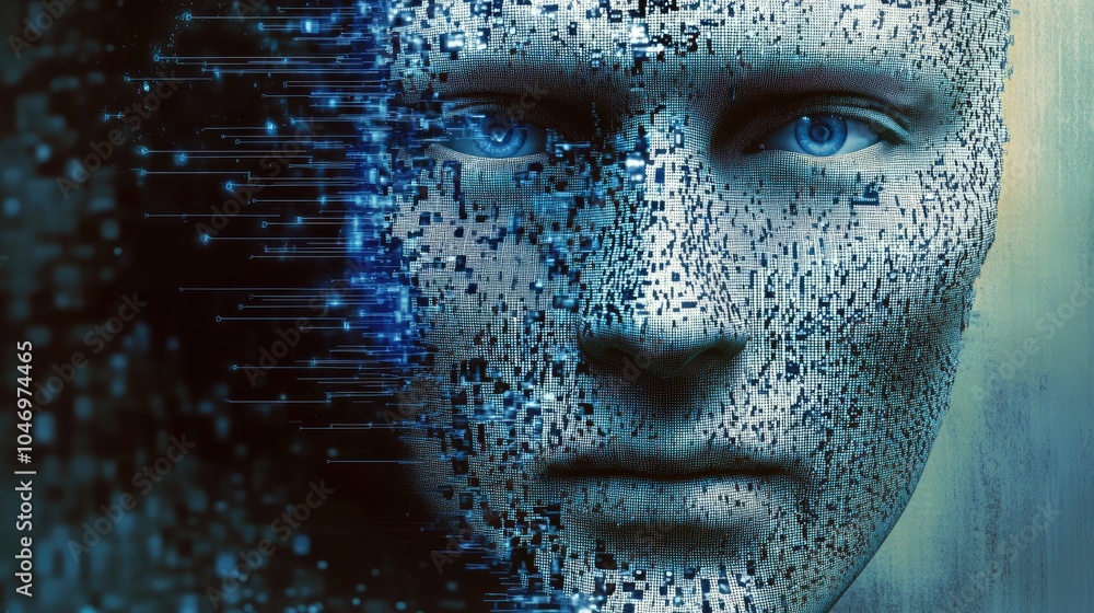 Poster a digital face emerges from a pixelated haze, blending seamlessly with the soft blue light, symboliz