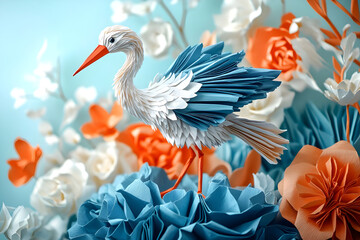 Obraz premium Intricate Paper Art of a Crane Amidst Vibrant Flowers in Blue and Orange