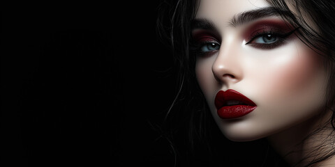 Fototapeta premium Elegant Halloween Beauty Portrait With Dramatic Makeup And Dark Theme