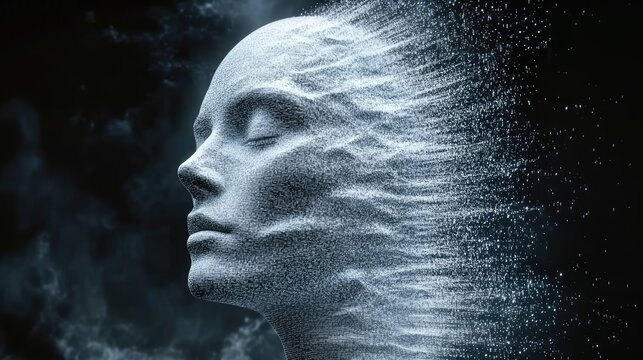 A digital face dissolving into numerous small particles, conveying a sense of transformation and dissolution in a futuristic, abstract setting full of mystery and motion.