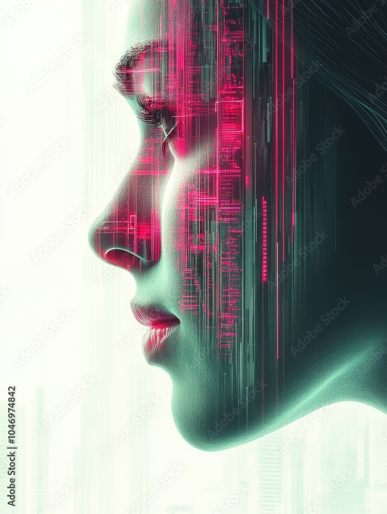 Poster a profile view of a woman's face, intersected by a dynamic overlay of intricate digital circuits and