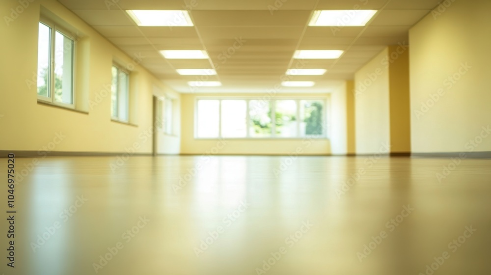 Poster an empty open office space with soft lighting and blurred bokeh, creating a clean, modern atmosphere
