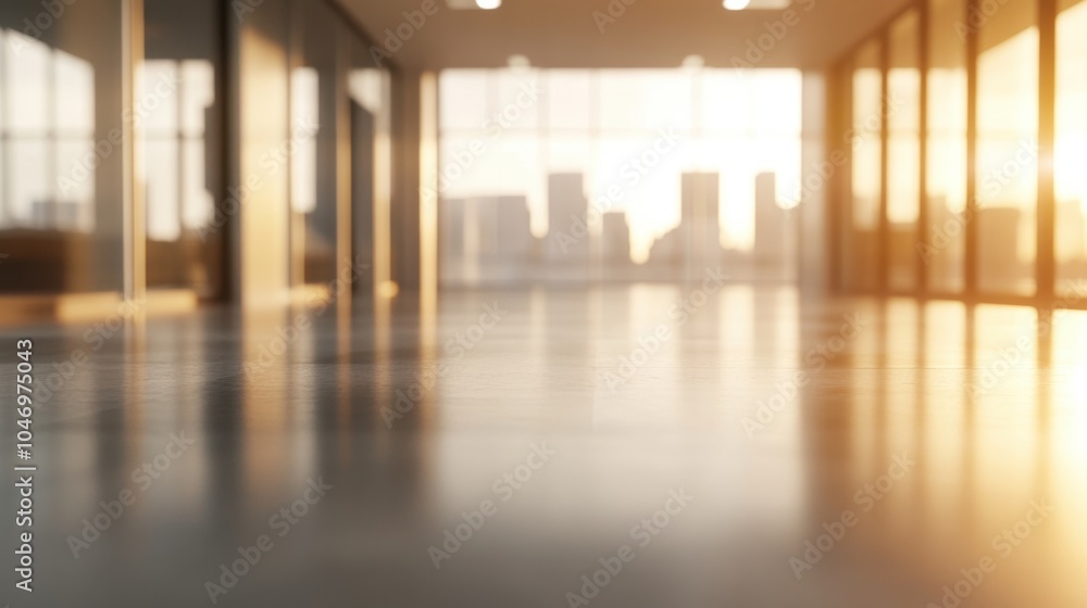 Poster an empty open office space with soft lighting and blurred bokeh, creating a clean, modern atmosphere