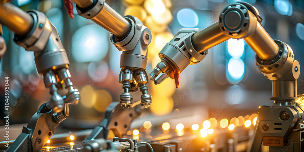 Poster soft abstract robotic arms assembling product bokeh digital elements advanced manufacturing scene fo