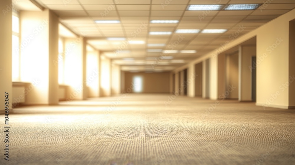 Poster an empty open office space with soft lighting and blurred bokeh, creating a clean, modern atmosphere