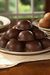 Fototapeta premium Buckeyes. Chocolate and Peanut Butter Cookies on Plate. Delicious Dessert with Milk