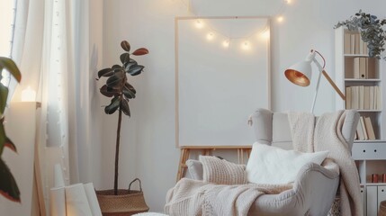 A cozy minimalist reading corner with a white canvas backdrop, Warm furniture arrangement in a Scandinavian-inspired library, Hygge minimalism style