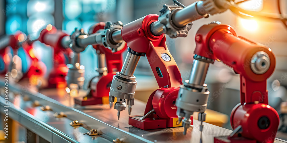 Poster soft abstract robotic arms assembling product with bokeh elements | advanced manufacturing art for s