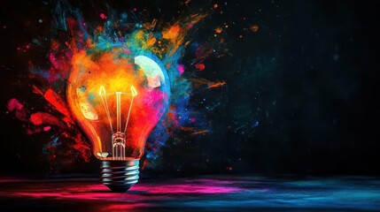 colorful glowing idea bulb lamp radiating creativity and inspiration, representing brainstorming and bright ideas, designed with ample copy space for textual elements or branding