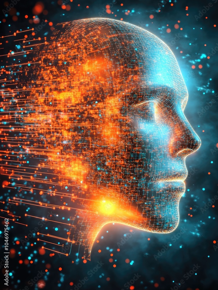 Poster a digital human face appears amidst vibrant particles, symbolizing the intricate connections and adv