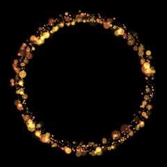 Gold sparkle or glitter lights effect round or circle frame, transparent light bokeh, isolated. Golden border, jewel deco art. Shining dust glowing confetti. Spark object. Png