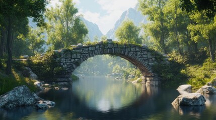 Fototapeta premium Ancient Roman stone bridge crossing a calm river, with surrounding greenery and a picturesque, peaceful atmosphere.