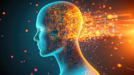 A digital head composed of blue and orange particles with data streams expanding outwards, symbolizing technology and human cognition in an abstract art form.