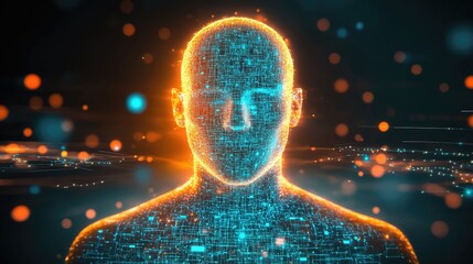 A front-facing digital figure made of glowing blue and orange lights, emphasizing themes of technology, human identity, and futuristic artistic expression.