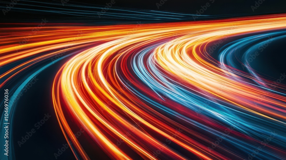 Poster colorful long exposure light trails swirling and intertwining in an abstract composition, evoking a 