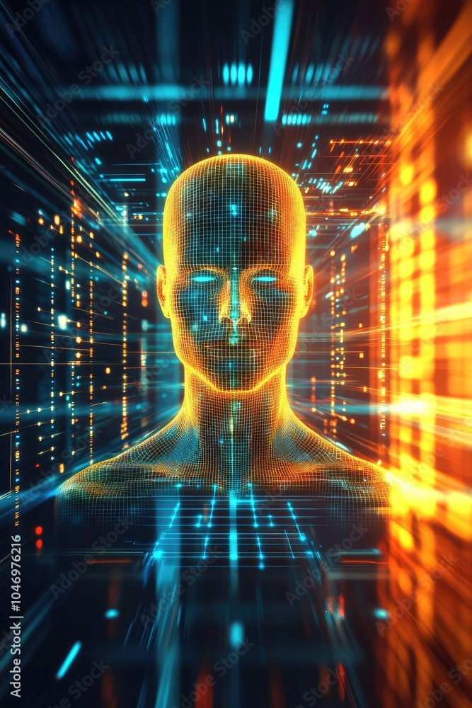 Poster a digital human form captured in a network of glowing digital elements in an abstract style, symboli