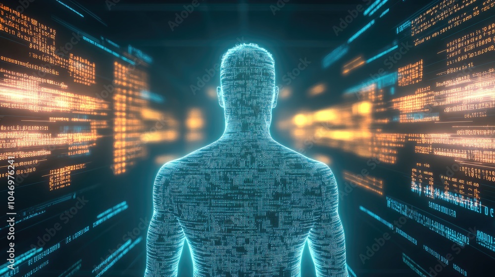 Poster a digital representation of a human viewed from behind, combining light and binary code, emphasizing
