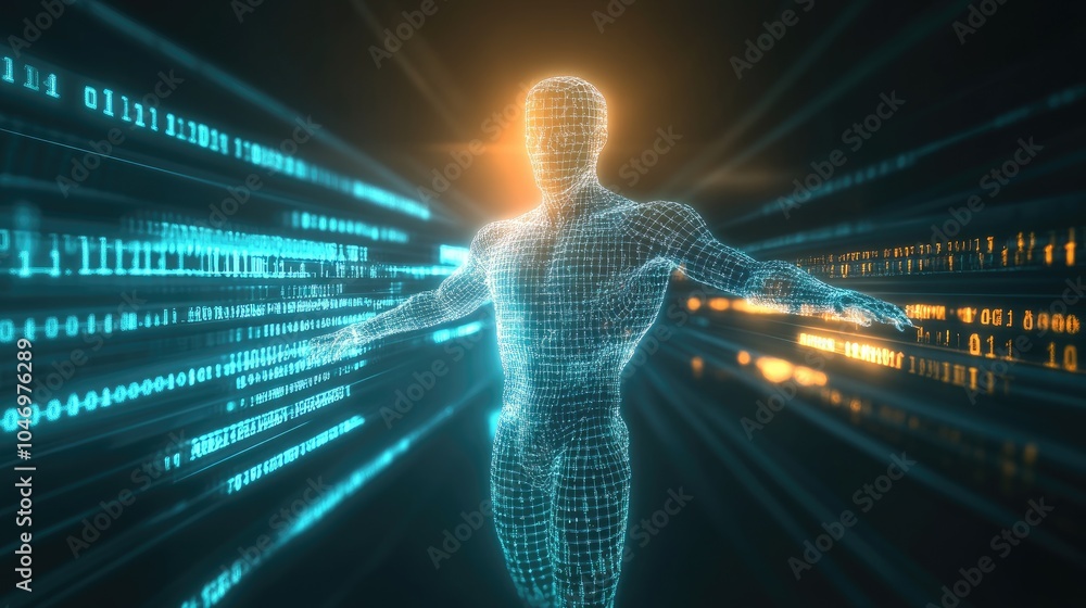 Poster a luminous digital human figure is surrounded by dynamic streams of binary code, symbolizing the fus